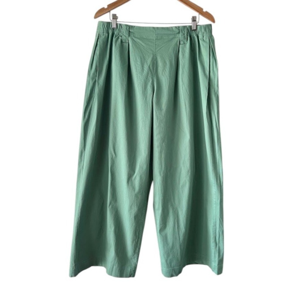 LOGO Lori Goldstein Women Sage Green Wide Leg‎ Crop Pants Pleated Cotton Size L